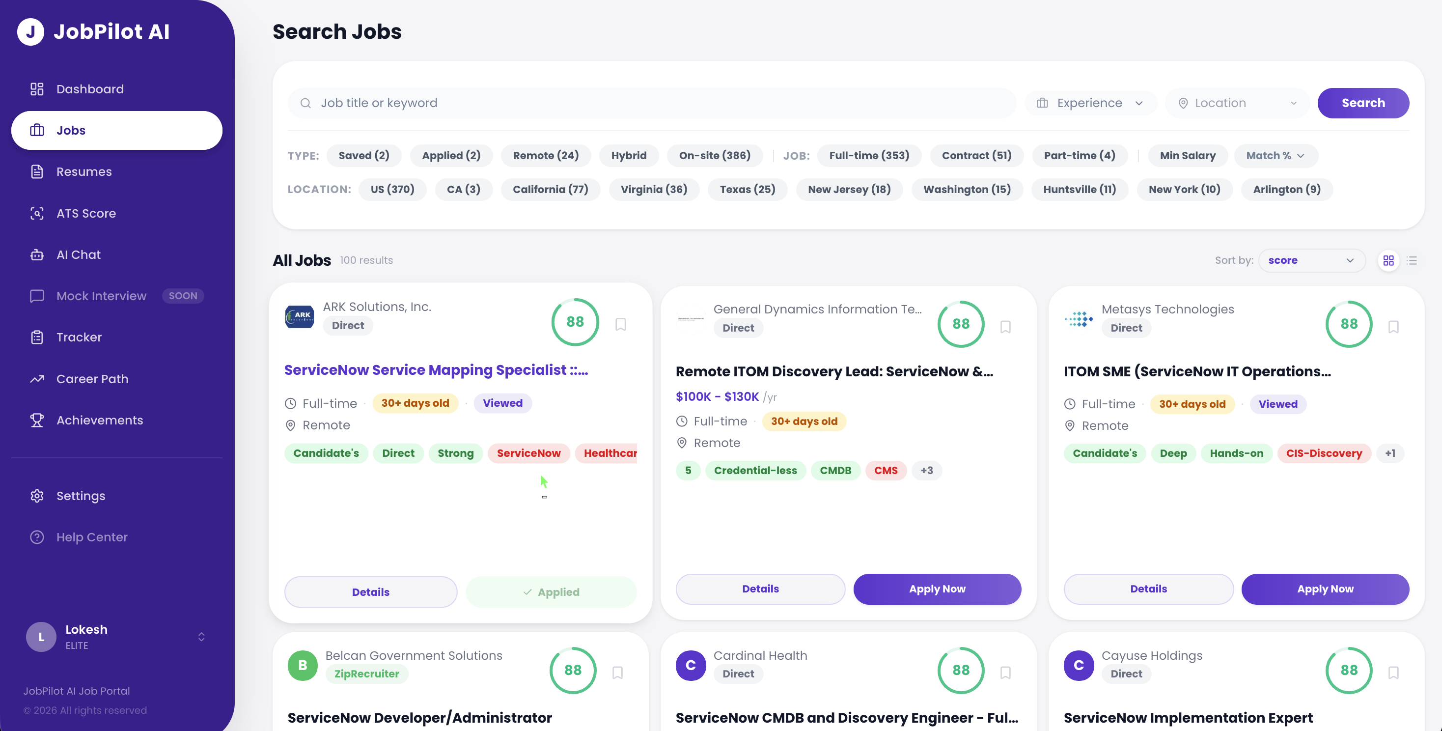 JobPilot AI Search Jobs dashboard